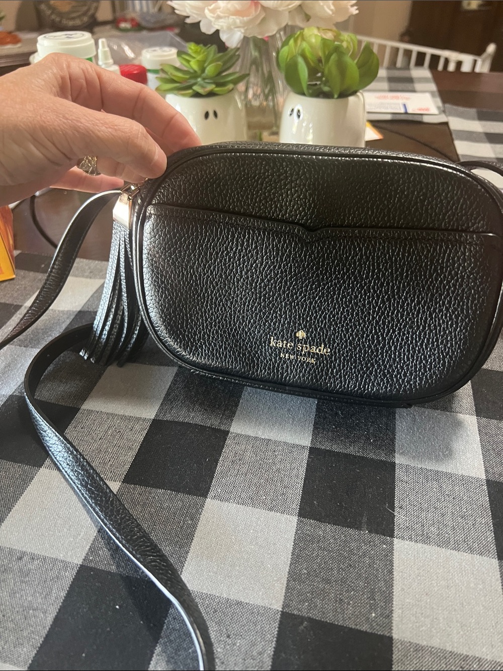 kate spade Black Pebbled Leather Crossbody Camera Bag with Tassel